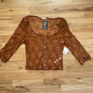 Free People Rust Orange Sheer Lace Button-Front Women's Top